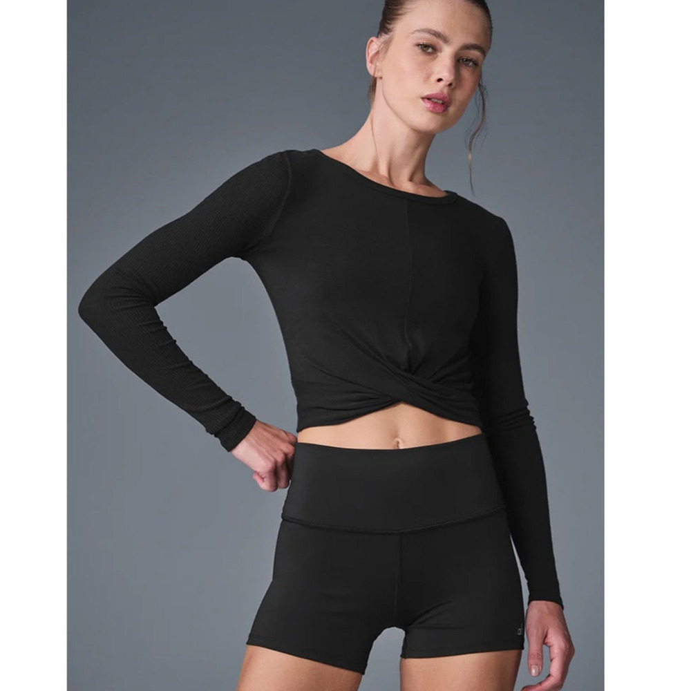 Alo Yoga Cover Long Sleeve Top Black Twist Front Crop Modal Size Small